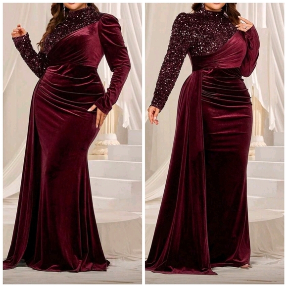 New Luxe Sequin Velvet Long Sleeve Mock Neck Mermaid Maxi Gown Dress Red